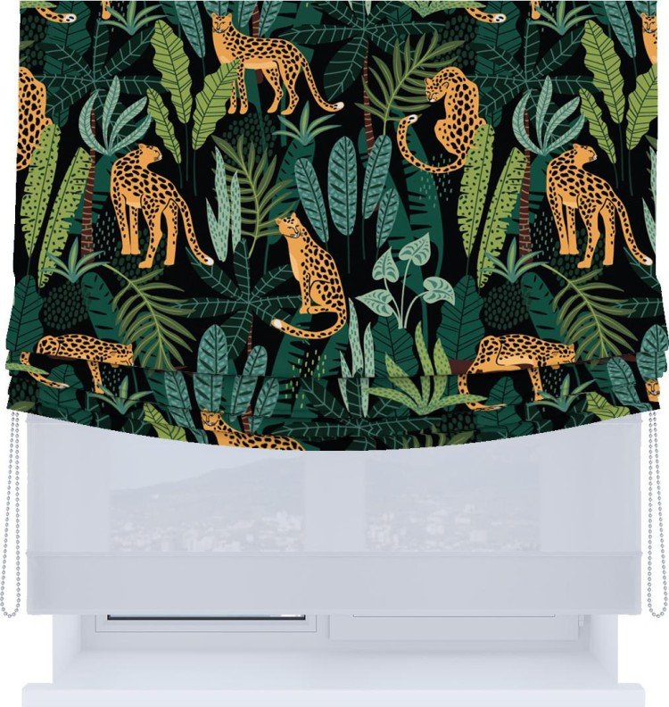 Римская штора «Кортин», день-ночь с мягкими складками, «Леопарды в джунглях»